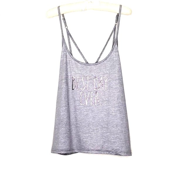 Rae Dunn Gray Criss Cross Tank Top Silver BEST DAY EVER - Picture 1 of 5
